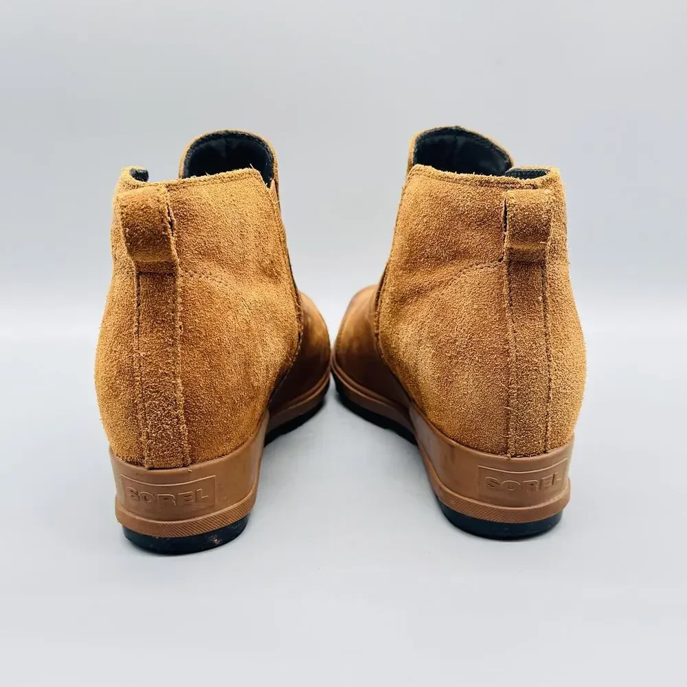 Sorel Boots Womens 7.5 Brown Leather Suede Evie Chelsea Wedge Ankle Waterproof